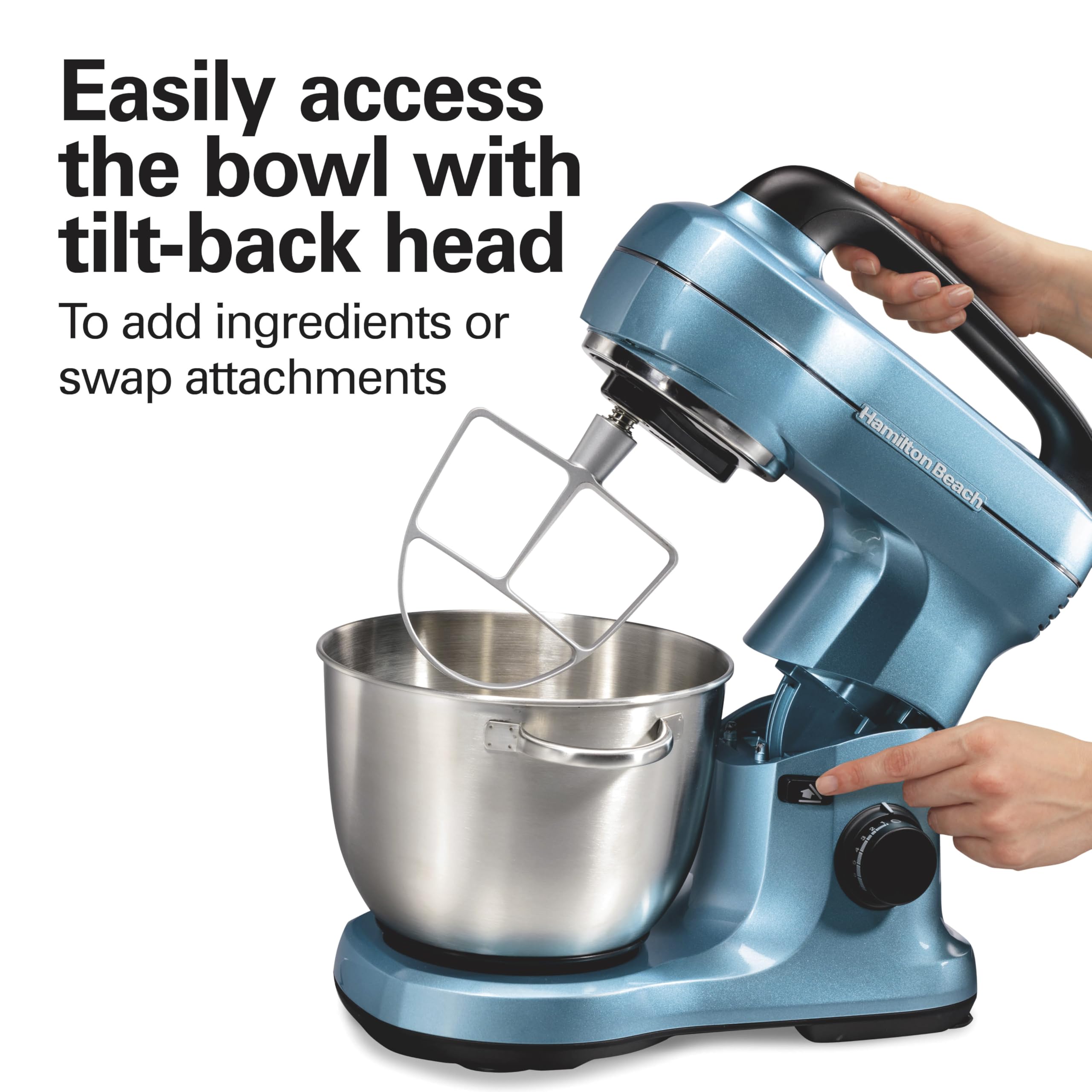 Hamilton Beach Electric Stand Mixer, 4 Quarts, Dough Hook, Flat Beater Attachments, Splash Guard, 7 Speeds with Whisk, Easy-Carry Top Handle, Blue
