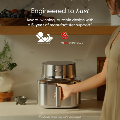 Cosori Iconic Air Fryer: 6.5QT, smart functions, PFAS-free coating, 450°F cooking, versatile and consistent results.